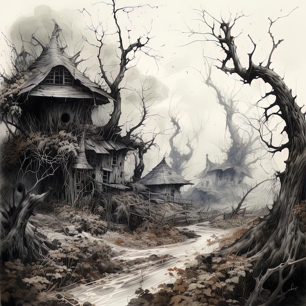 une peinture d'une maison avec une maison effrayante en arrière-plan.