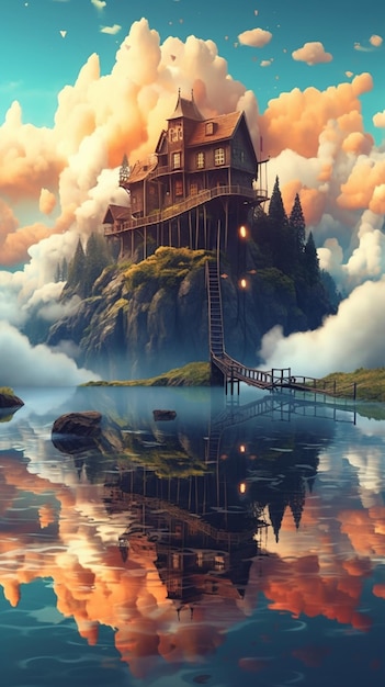 Peinture d'une maison sur une montagne avec un pont sur un lac ai génératif