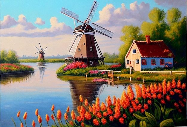 Une peinture d'une maison et d'un moulin à vent avec des fleurs au premier plan.