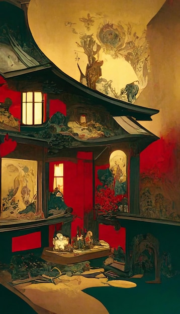 Une peinture d'une maison avec un mur rouge et un toit de style chinois.