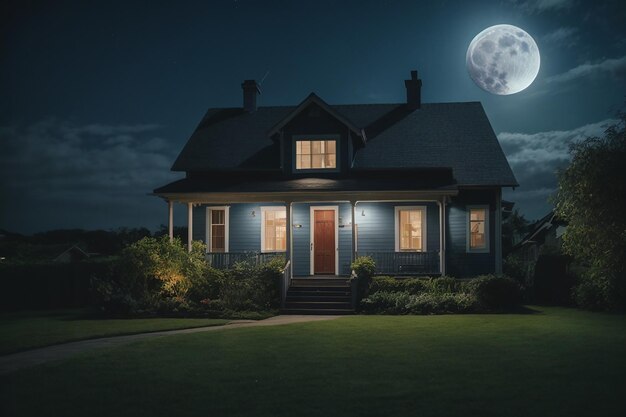 Photo peinture d'une maison la nuit avec une lune pleine dans le ciel