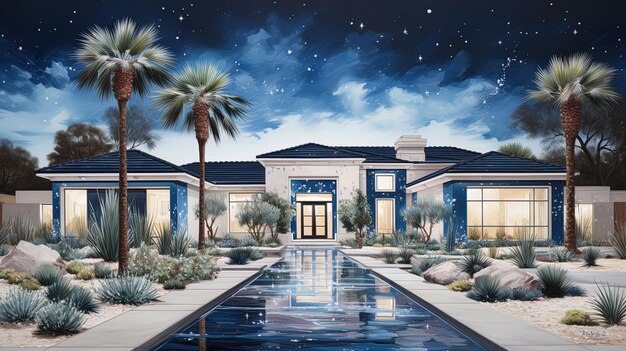 une peinture d'une maison avec des palmiers et une piscine en arrière-plan