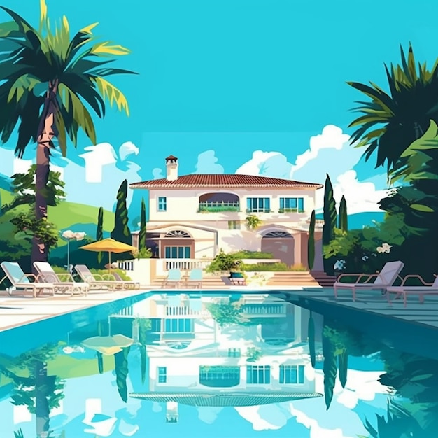 une peinture d'une maison avec des palmiers et une piscine.