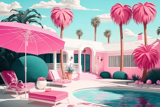 Une peinture d'une maison avec une piscine et un parapluie rose