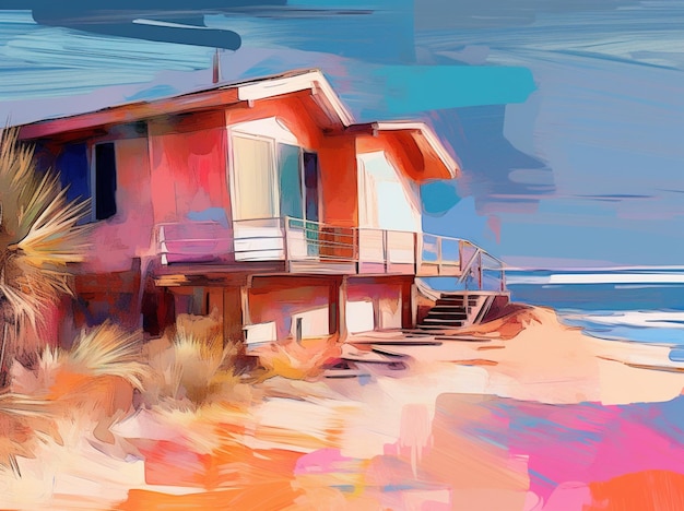 Photo une peinture d'une maison sur la plage avec le ciel en arrière-plan.
