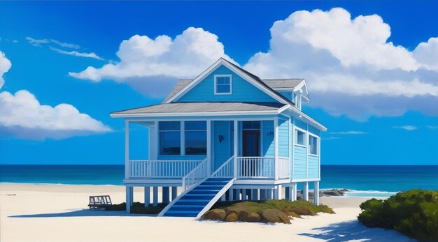 Une peinture d'une maison de plage avec un ciel bleu et l'océan en arrière-plan par générative ai