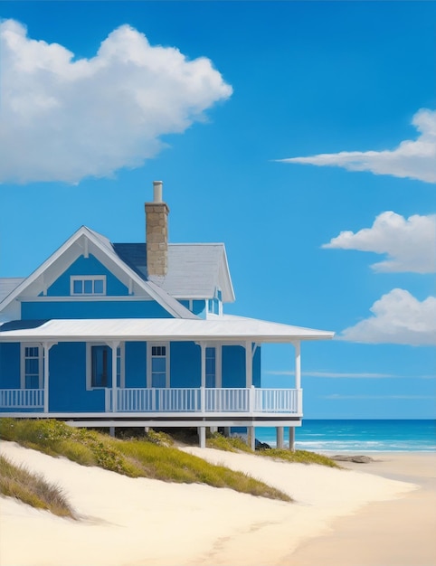 Une peinture d'une maison de plage avec un ciel bleu et l'océan en arrière-plan