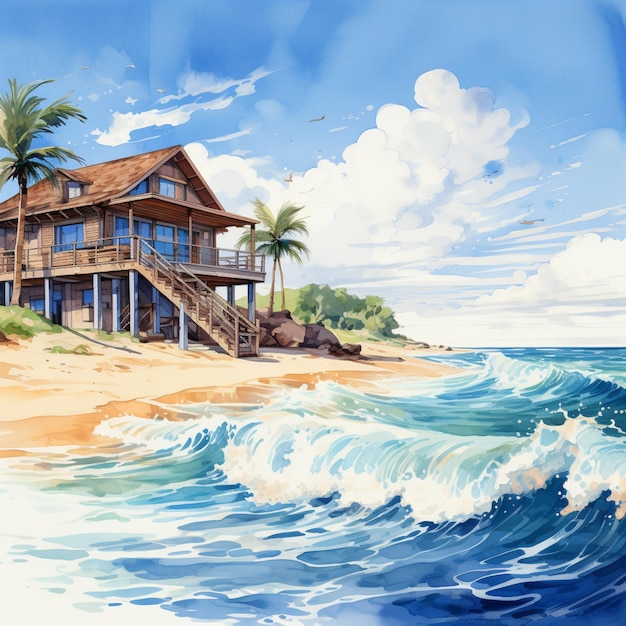 peinture d'une maison sur une plage avec une planche de surf au premier plan