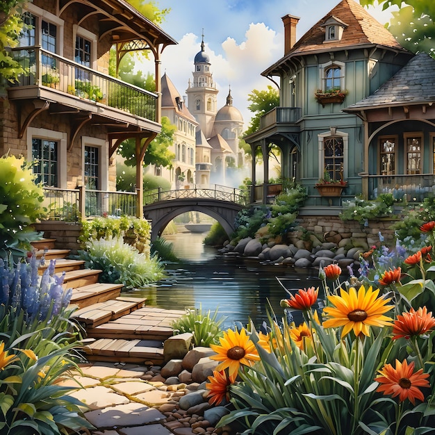 une peinture d'une maison avec un pont et des fleurs