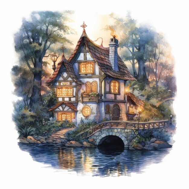 Peinture d'une maison avec un pont et une horloge dessus