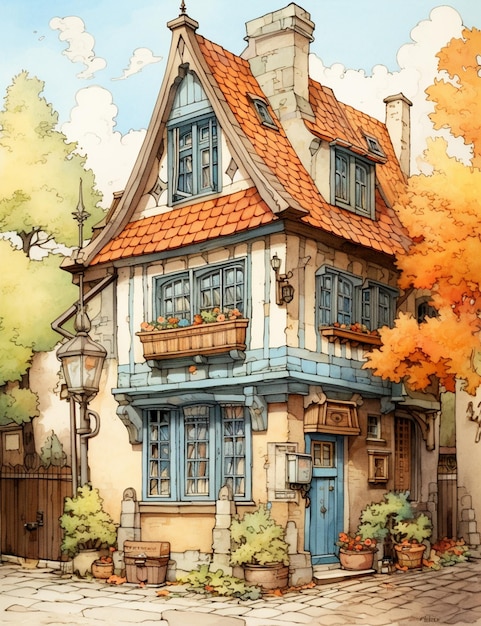 Peinture d'une maison avec une porte et des fenêtres bleues et un toit rouge