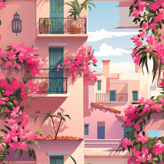 une peinture d'une maison rose avec un balcon et des fleurs