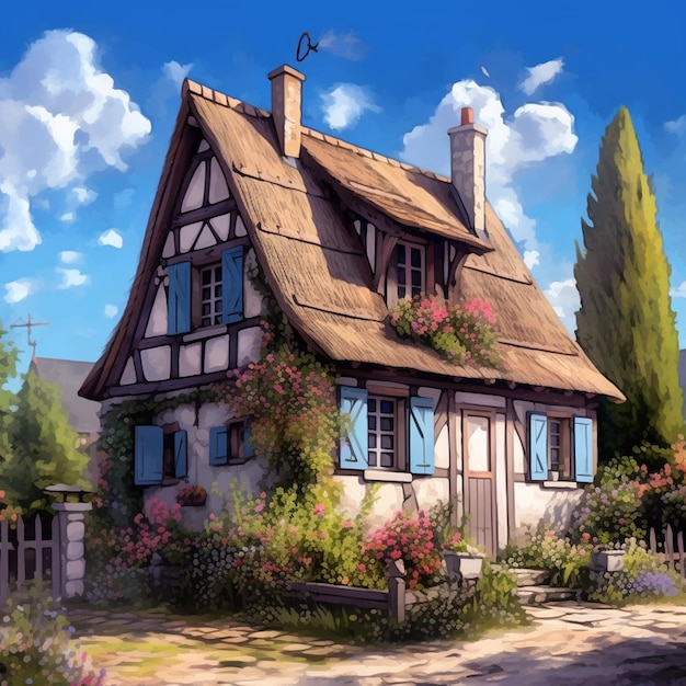 peinture d'une maison avec un toit de chaume et un jardin génératif ai