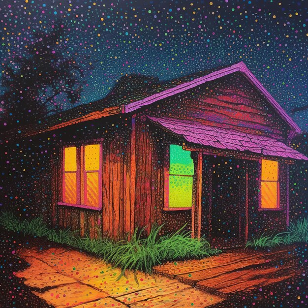 Une peinture d'une maison avec un toit violet et une lumière jaune sur la fenêtre.