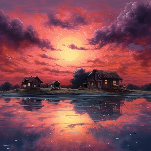 Une peinture de maisons sur un lac avec le soleil se couchant derrière elles.