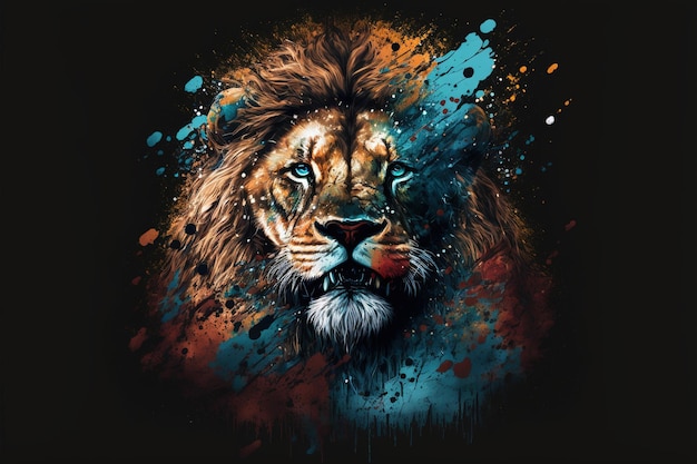 Peinture majestueuse à l'aquarelle avec tête de lion mâle aux couleurs vives