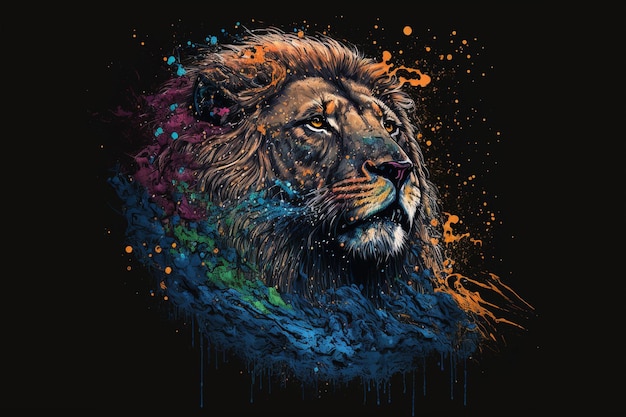 Peinture majestueuse à l'aquarelle avec tête de lion mâle aux couleurs vives