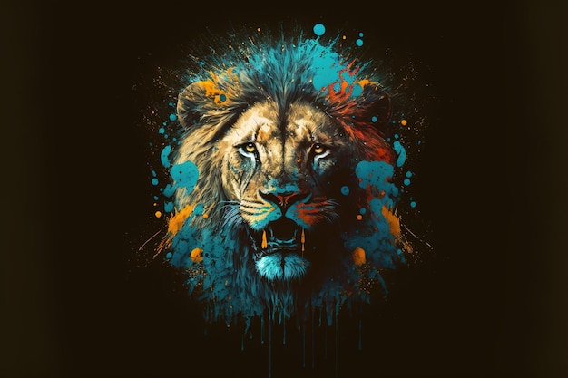 Peinture majestueuse à l'aquarelle avec tête de lion mâle aux couleurs vives