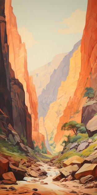 Une peinture majestueuse d'une rivière à travers un canyon dans le style de Phil Noto