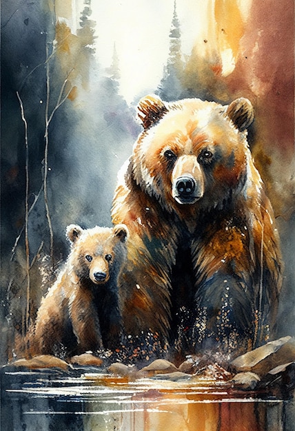 Une peinture d'une maman ourse et de son petit
