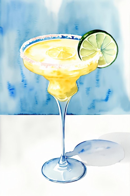 Une peinture d'une margarita avec une tranche de citron vert