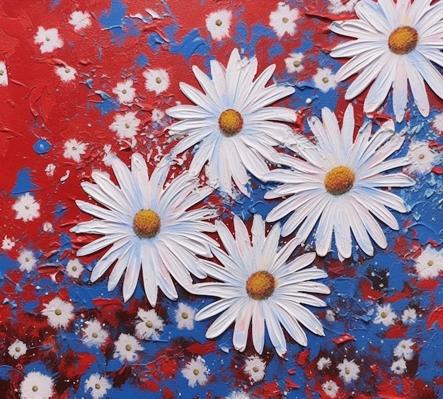 peinture de marguerites blanches sur un fond rouge et bleu