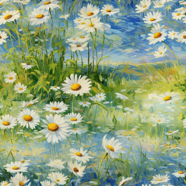 une peinture de marguerites dans un champ d'herbe