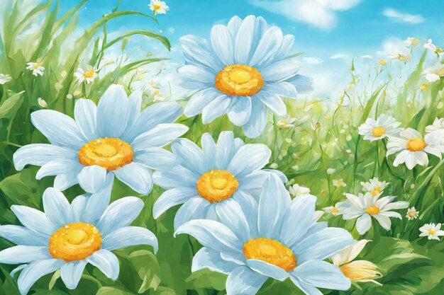 une peinture de marguerites dans un jardin avec un ciel bleu et des nuages