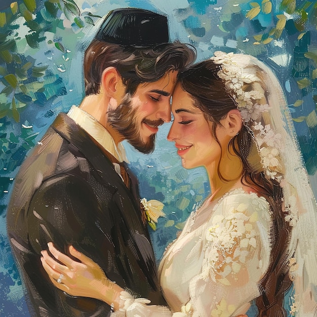 Photo une peinture d'une mariée et d'un marié dans une forêt