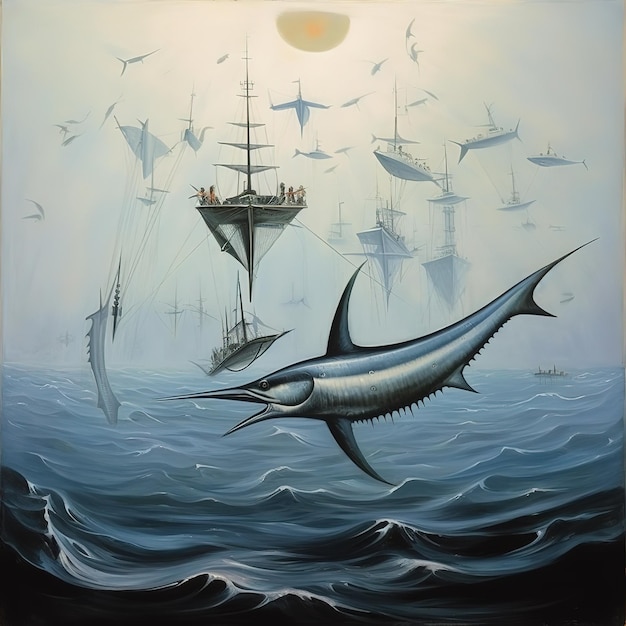 Une peinture d'un marlin bleu nageant dans l'océan.