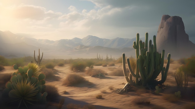 Peinture mate d'un environnement désertique photoréaliste avec des cactus et des montagnes en arrière-plan à l'aide d'Unreal Engine 5