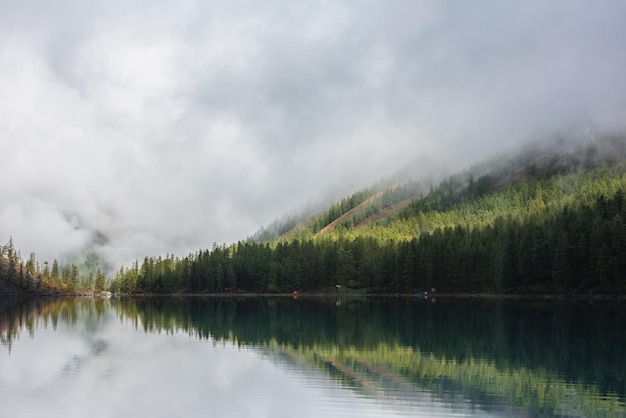 Peinture méditative tranquille et brumeuse d'un lac glaciaire avec une colline forestière sous d'épais nuages bas Des arbres conifères sur la colline se reflètent dans un lac alpin calme Un lac de montagne et un brouillard dense tôt le matin