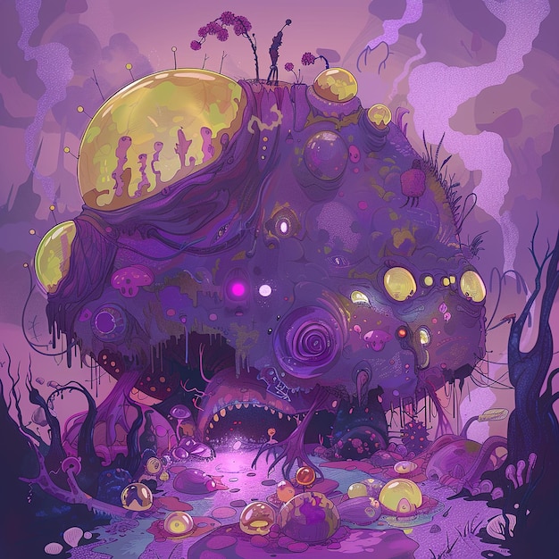 une peinture d'une méduse avec un fond violet et les mots le mot alien sur le fond