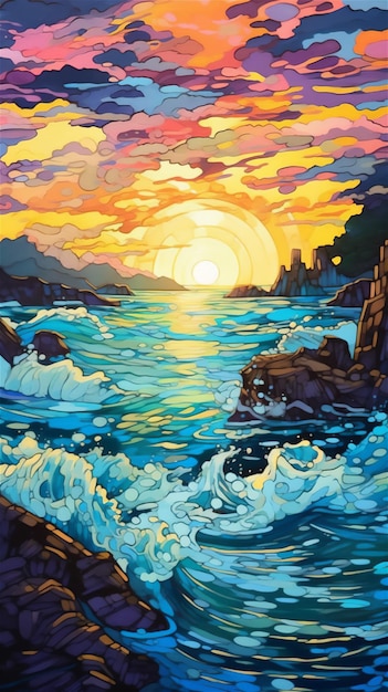 Une peinture de la mer battant contre les rochers au coucher du soleil