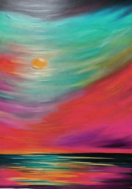 Peinture de mer colorée avec coucher de soleil