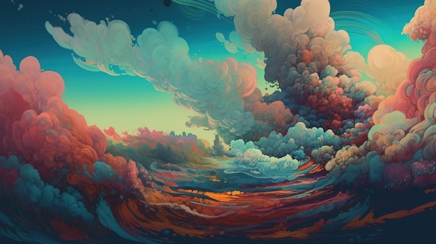 Une peinture d'une mer avec des nuages et un ciel avec un ciel bleu et les mots "ciel" dessus