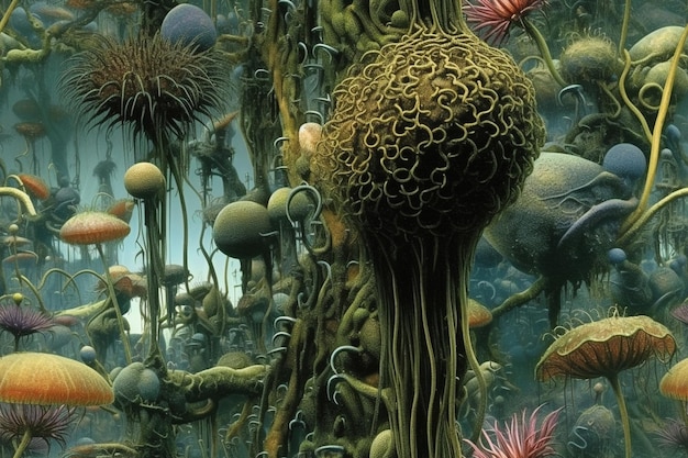 Une peinture d'une mer de plantes et de plantes