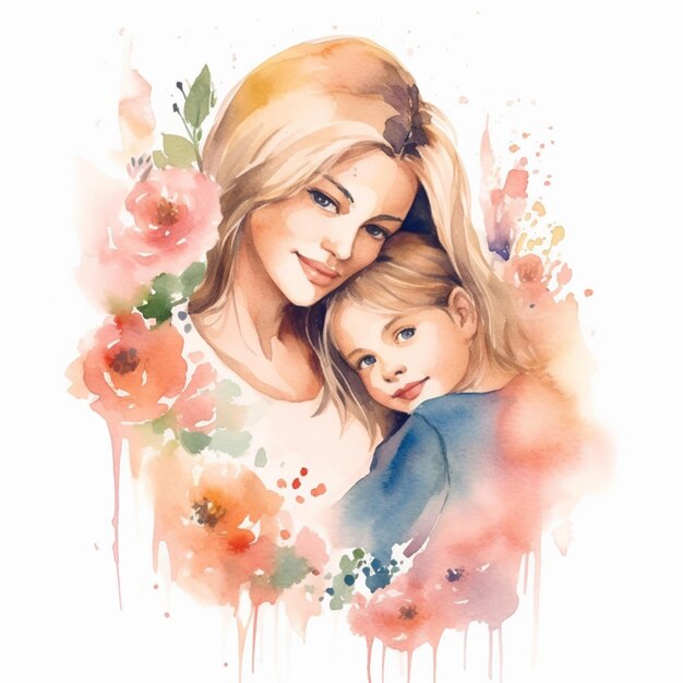 Photo peinture d'une mère et d'un enfant avec des fleurs sur un fond blanc