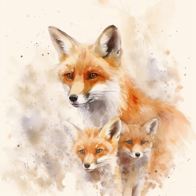 peinture d'une mère renard et de ses deux petits ai générative