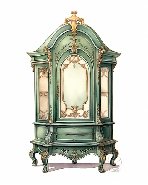 Peinture d'un meuble vert avec un miroir et une décoration dorée ai générative