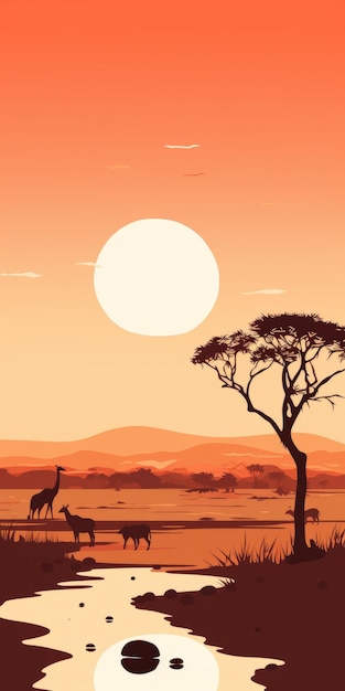 Peinture minimaliste de la savane au coucher du soleil