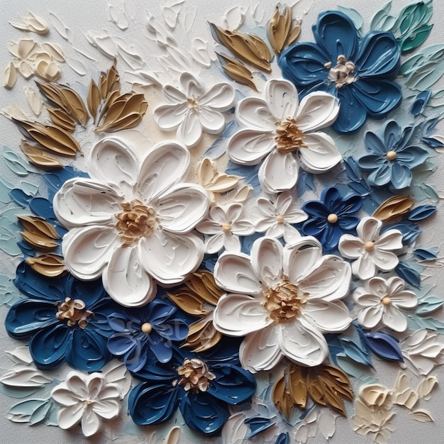 Une peinture mixte de fleurs avec des fleurs dorées et blanches.