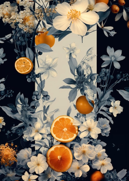 Peinture de modèle avec le fond noir et blanc de fleurs et les tranches oranges de citron