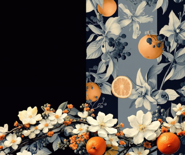 Peinture de modèle avec le fond noir et blanc de fleurs et les tranches oranges de citron