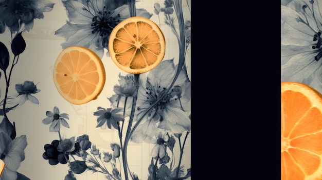 Peinture de modèle avec le fond noir et blanc de fleurs et les tranches oranges de citron