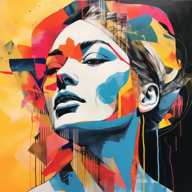 Peinture moderne de collage abstrait vibrant de femme avec des arrière-plans colorés
