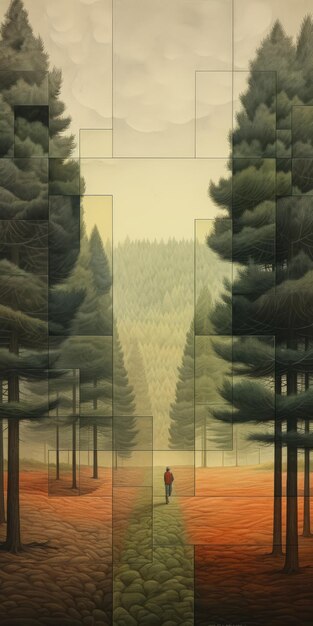 Photo peinture moderne d'un homme et d'un chien dans une forêt symétrique