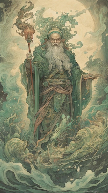 Une peinture d'un moine avec une longue barbe blanche et une robe verte