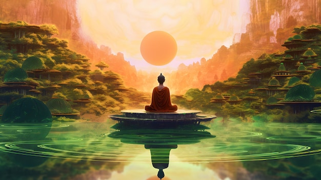 Une peinture d'un moine méditant devant un coucher de soleil