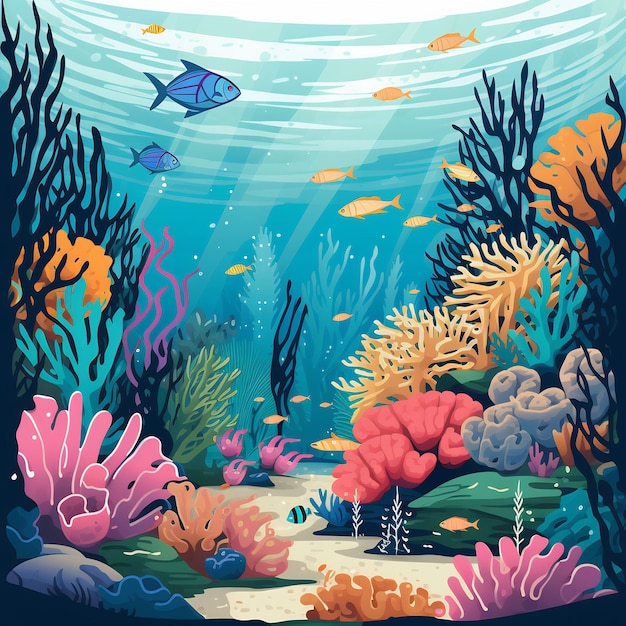 une peinture d'un monde sous-marin avec des poissons et des coraux colorés